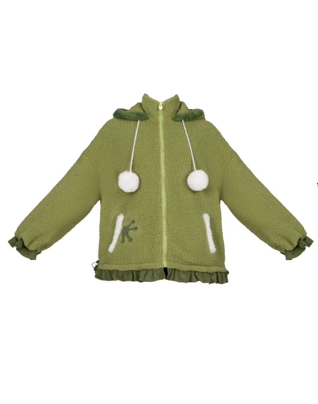 Grüner Fleecemantel mit Kapuze und hohem Kragen „Little Frog“