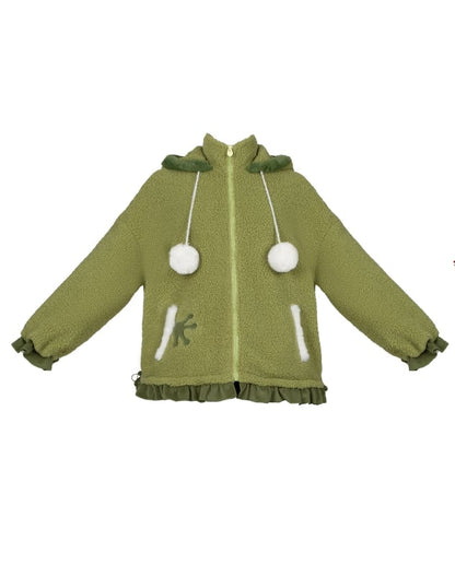 Grüner Fleecemantel mit Kapuze und hohem Kragen „Little Frog“