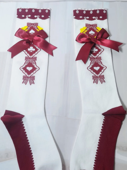 Wine Red Lolita Bowknot Ruffled Cuff Calf Socks