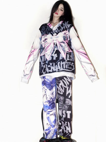 Wide-leg Pants Letter Y2K BlueBlack Print Cut