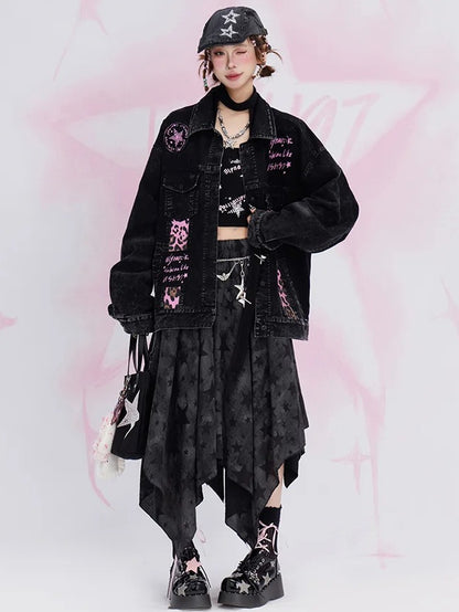 Faded Wash Black Letters Print Leopard Patches Denim Jacket