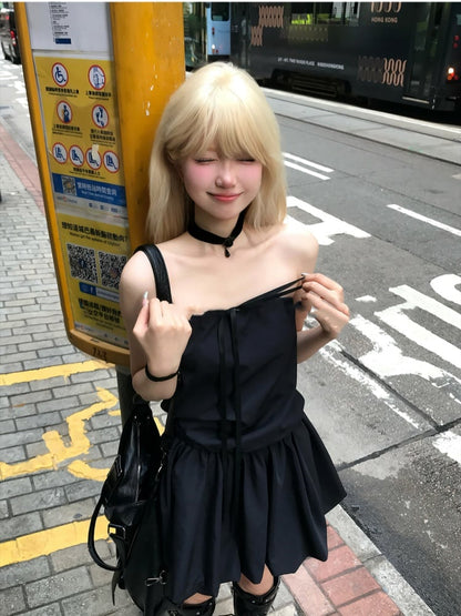 Skirt Self-Tie Strap Neckline Glamorous Strapless Dress Black Bubble