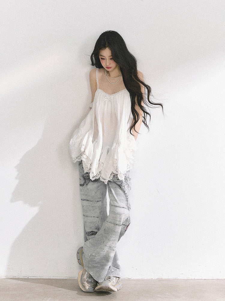 Light Gray Low Rise Chain Print Distressed Wide-leg Jeans