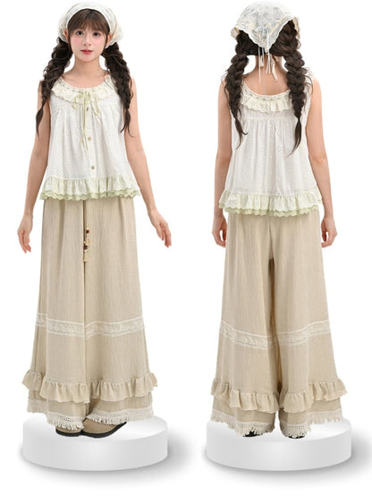 Neckline Tank Top Self-tie Flutter Sleeves Tiered at Strap Green with Ruffles Cutton