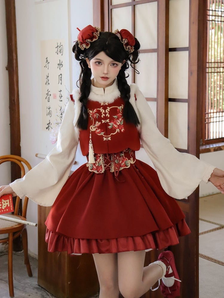 Jupe Lolita Rouge Nouvel An Courte Version Papillon et Broderie Florale Ensemble Complet