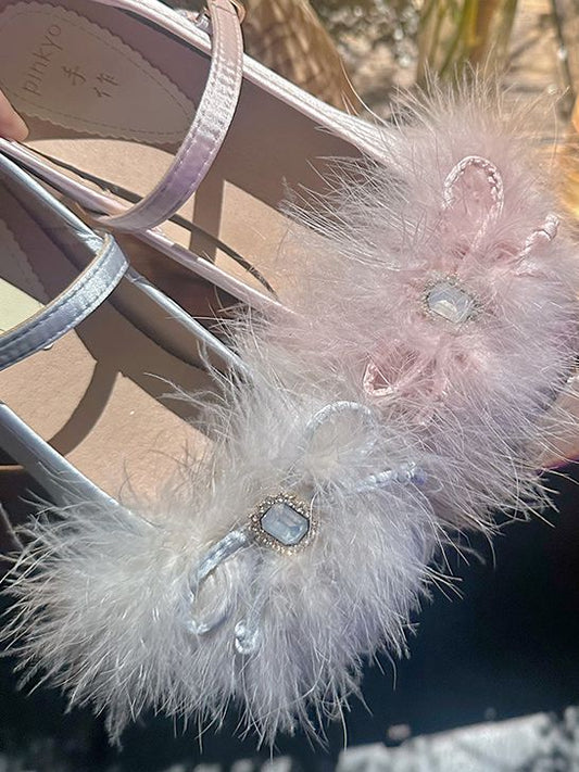 Light Pink Feather Rhinestone Bow at Top Mary Janes with Beaded Chain