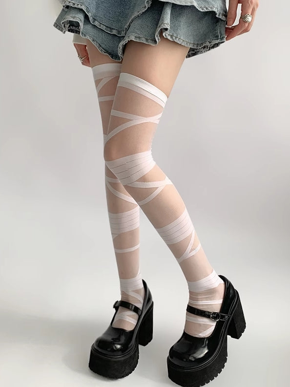 Crisscorss Gray/White/Black/Beige Over-knee Y2K Banded Stockings