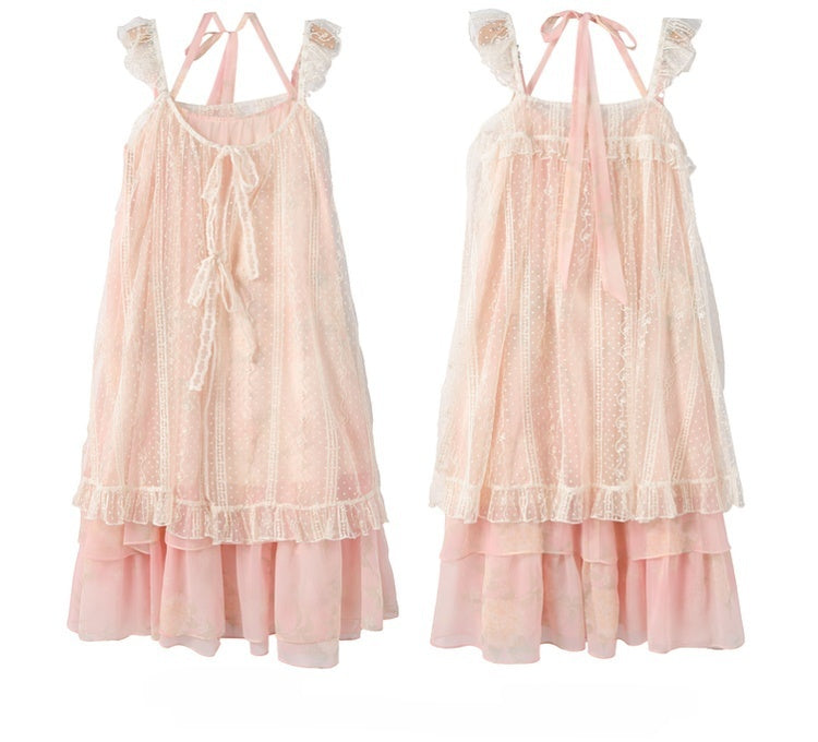 Sleeves Neck Tiered Slip Skirt Polka-dot Dress+Flutter Overdress Yume Kawaii Pink Set-	Halter Two-pieces