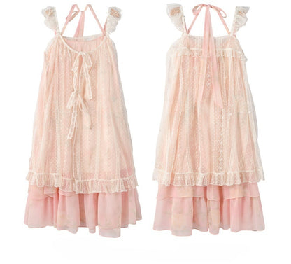 Sleeves Neck Tiered Slip Skirt Polka-dot Dress+Flutter Overdress Yume Kawaii Pink Set-	Halter Two-pieces
