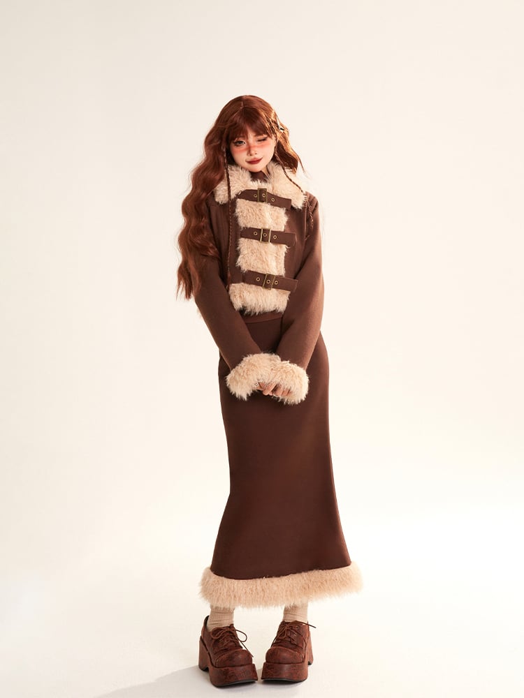 Pencil Coat Fur Coffee Trimmed Skirt with Crop Straps Faux Buckle Set Zipped