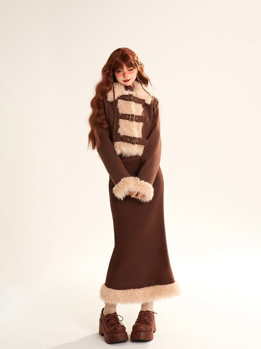 Pencil Coat Fur Coffee Trimmed Skirt with Crop Straps Faux Buckle Set Zipped