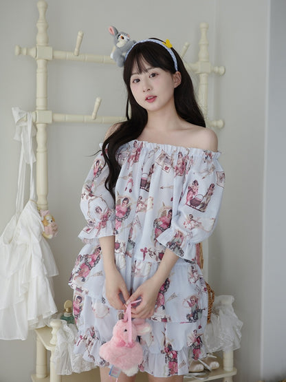 Sweet Pajama Set - Puff Sleeves Print Top and Bloomer Shorts