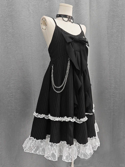 Skirt Cami Dress Big Bow Neckline Black with Striped Waist Detachable Chain Bubble