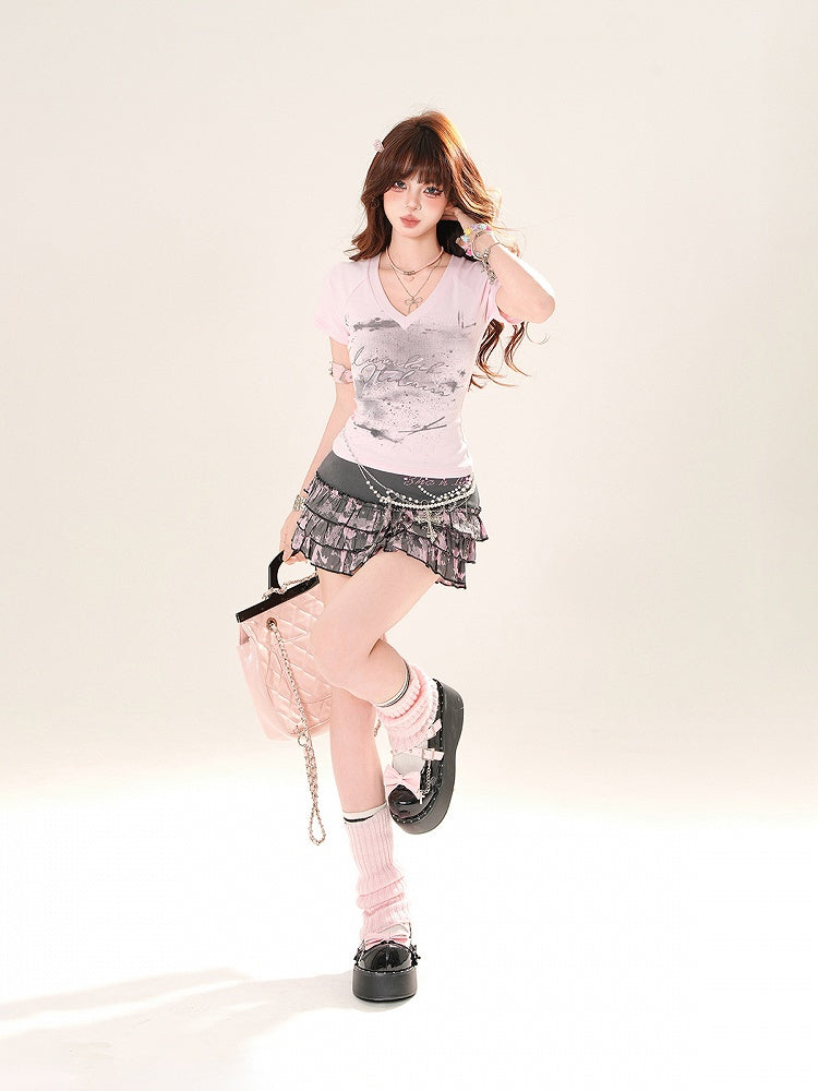 Pink/Blue V-Neck Slim-fitting Graphic T-Shirt