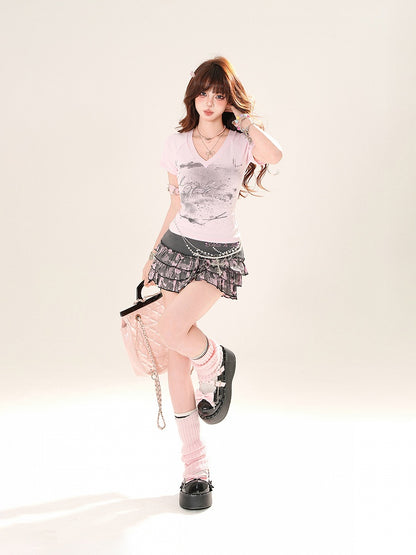 Pink/Blue V-Neck Slim-fitting Graphic T-Shirt