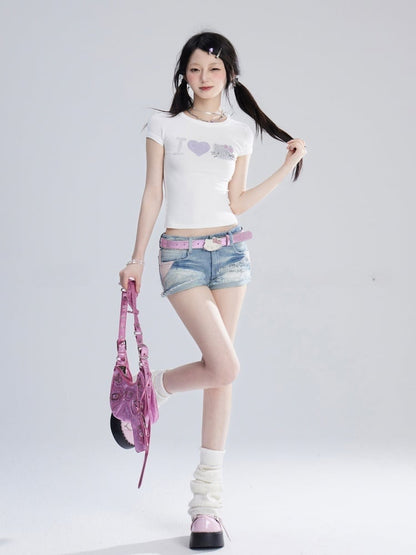Low Blue Glamorous Y2K Denim Shorts Waist Faded Wash Raw Hem