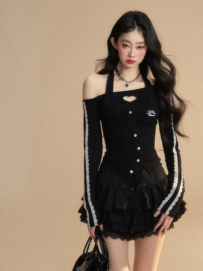 Trim Glamorous Lace Cutout Black Halter Neck Heart-shaped Top Slim-fitting