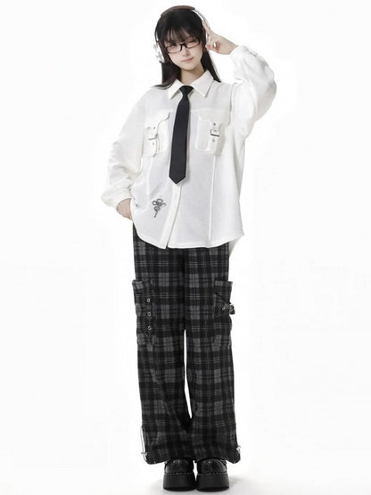 White Snake Buckle Strap Pockets Shirt with Free Tie