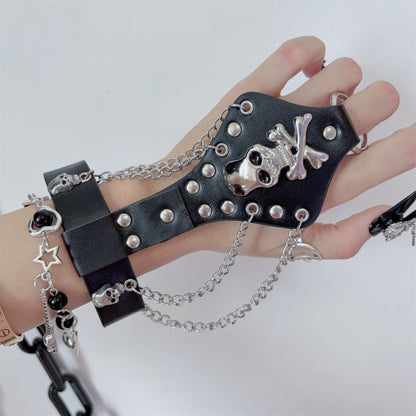 Gothic Skull Black Punk Rock Ring Bracelet with Chains