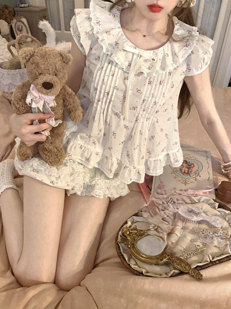 Dollcore Bluse Beige Blumen Rüschenbesatz Print Mit