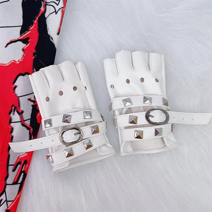 Punk Studs Crisscross Straps PU Half Finger Gloves