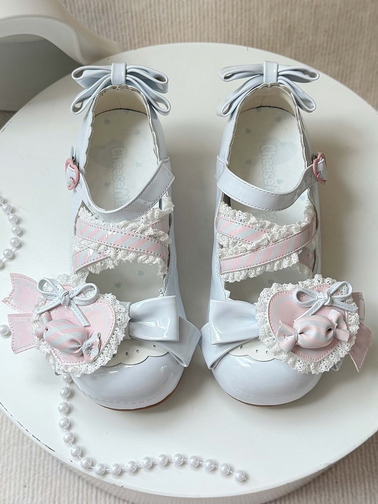 - Low Heels Pink with Clip Style Lolita Sweet A Candy-Decorated Heart Shoe Bow Blue