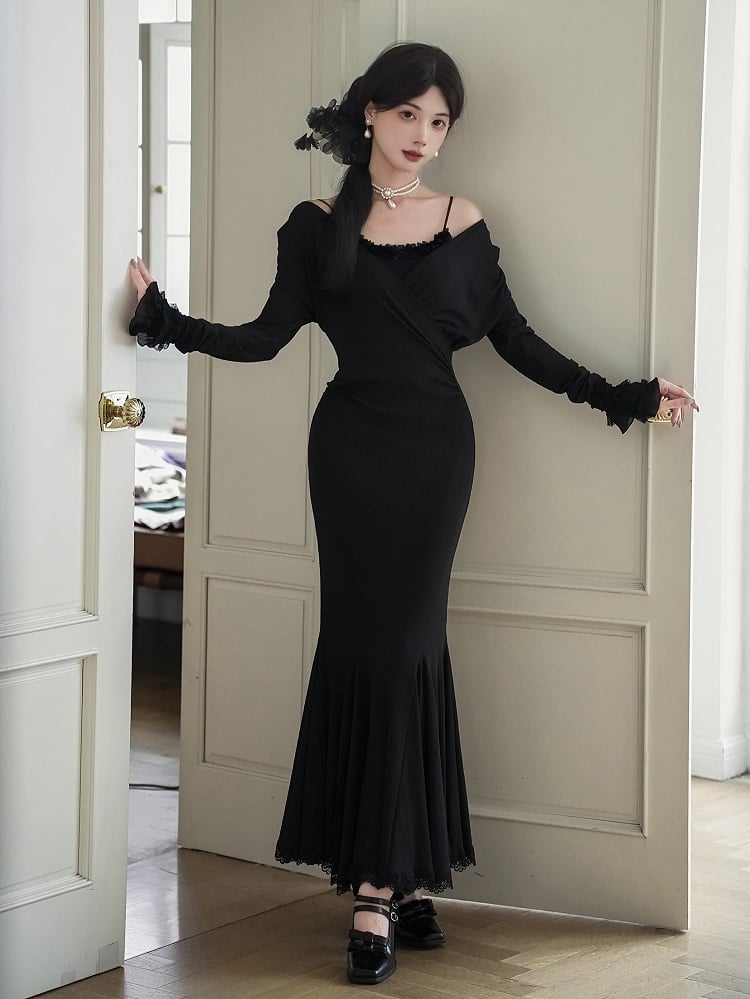 Black Bodycon Elegant V-Neck Dress Deep Knit Mermaid