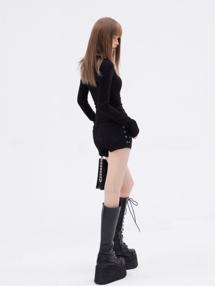 Y2K Studded Glamorous Waist Denim Shorts Black Low