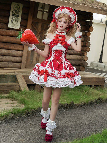 und Puffkleid mit gepunkteten Ärmeln, Schul-Polka-Lolita-Ausschnitt mit altroten Akzenten, Neckholder-Schleife