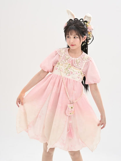 Ombre Style Spaghetti Strap Dress Empire Pink Waist Strawberry Embroidery Cheongsam