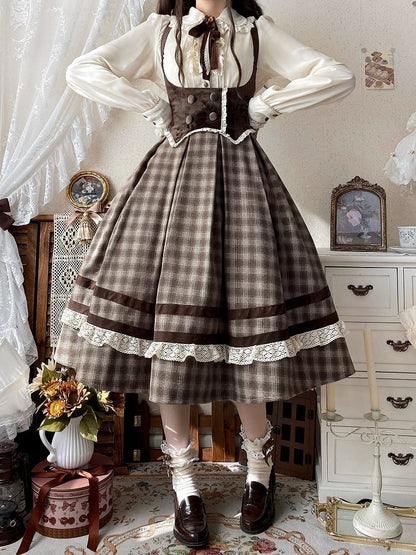 Brown Under Bust Plaid Pattern Lolita Dress Lolita Jumper Skirt