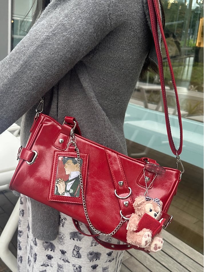 Leather Transparent-Window Bag Versatile Red Ita PU