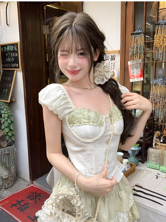 Apricot Sweetheart Neckline Puff Sleeves Sweet Top