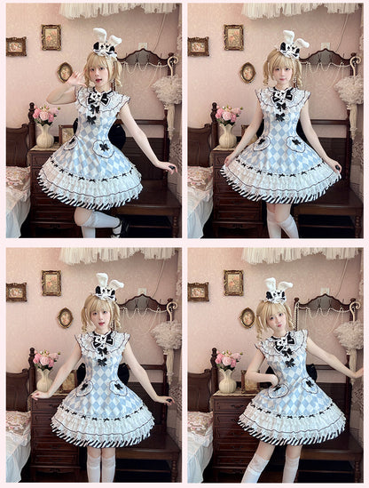 Wunderland Alice Blau Diamant Muster Hasenohren Hut Vibes in