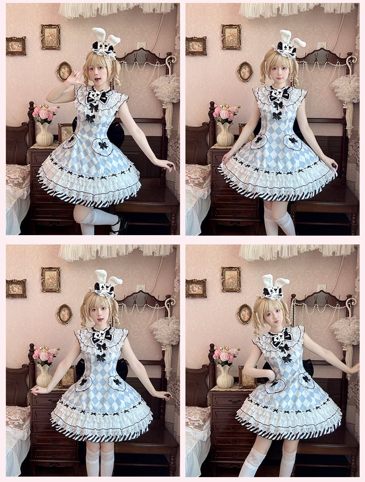 Lolita Dress OP Blue Diamond Pattern Sweet Alice in Wonderland Vibes