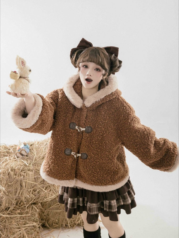 Brauner Fleece-Wintermantel mit Kapuze und Ohren des Kleinen Pandas