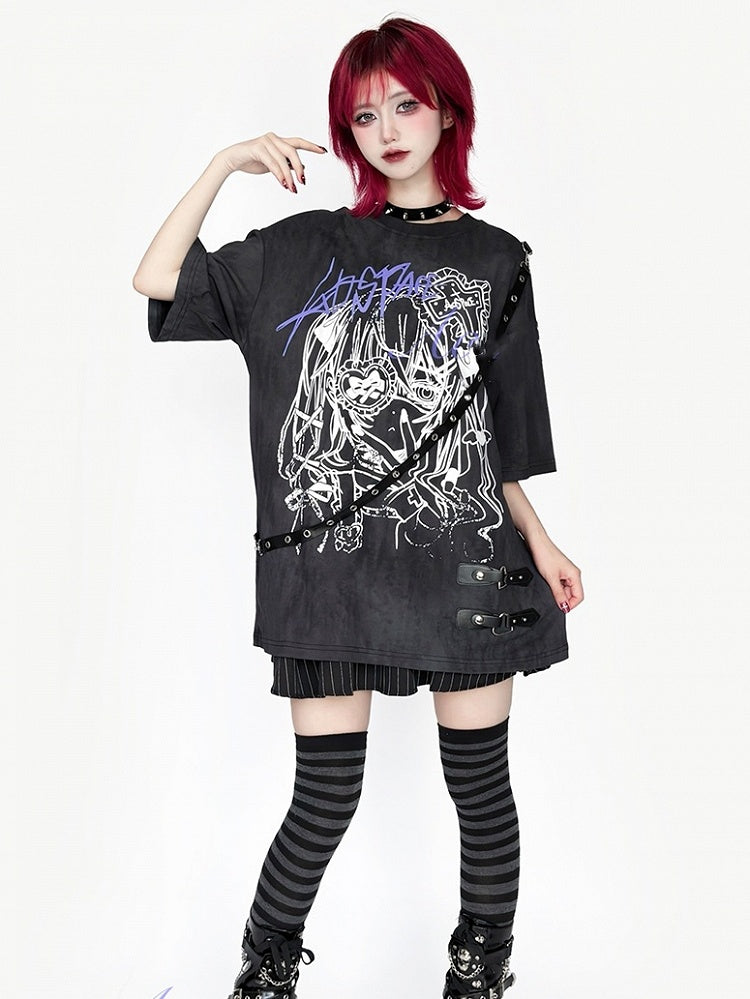Anime Tie Strap Detachable Dye Decor Black/White T-Shirt with Print Girl Leather