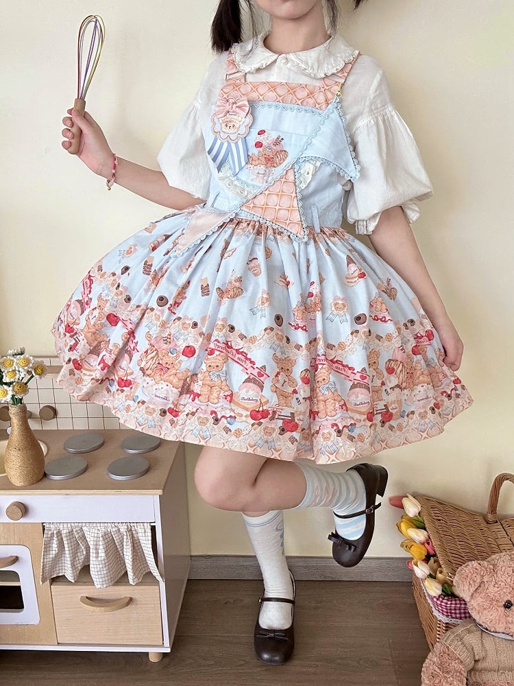 Blue Sweet Teddy Bear and Dessert Lolita Overall Dress