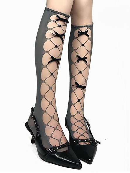 Stockings Details White/Black/Gray Cutout Under-Knee Design Bowknot