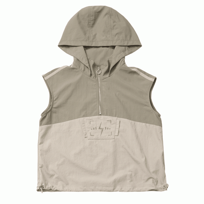 Khaki Colorblock Design Drawstring Hem Techwear Hooded Tank Top