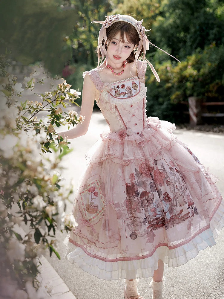Pink Bunny Basque Waist Mushroom Skirt Princess and Jumper Lolita Print