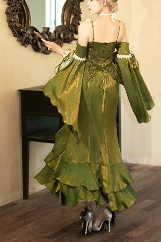 Green Evening Gown Rosette Mermaid Dress with Detachable Flounce Sleeves