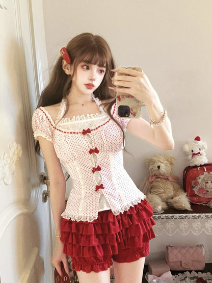 Bow Accents Top Polka-dot Sleeves Lace Halter Puff Red With