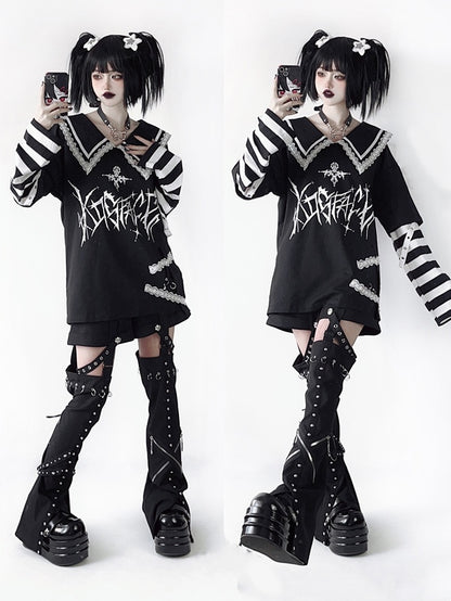 with in Sleeves Purple Pointed Black Top Graphic Contrast Striped White / Sailor Collar