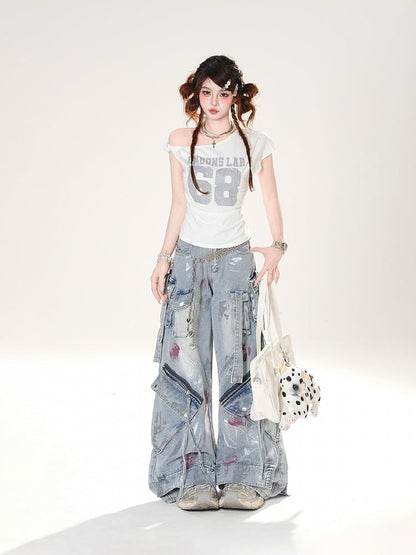 Low Details Distressed Spray Paint Print Blue Wide-leg Jeans Rise Zipper