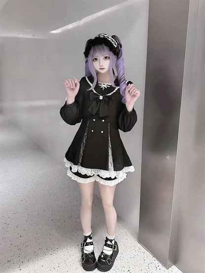 High Mini Coord with Dress Slit Matching Kei Black Set: Jirai Lace-Paneled Edgy Shorts