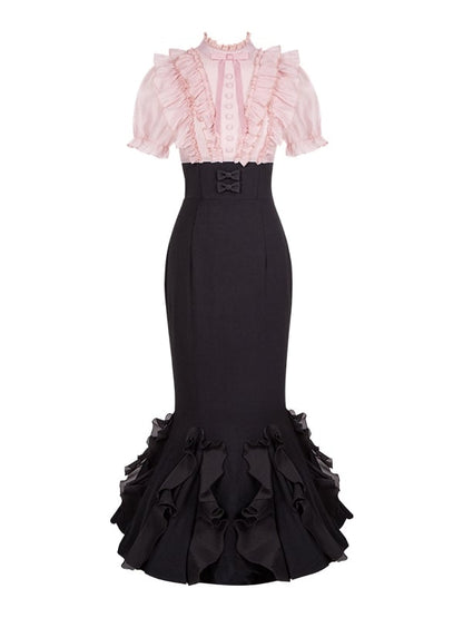 Mermaid Lolita and Boned Design Elegant Pieces Dress Pink Waist Blouse Two Fake Black Skirt