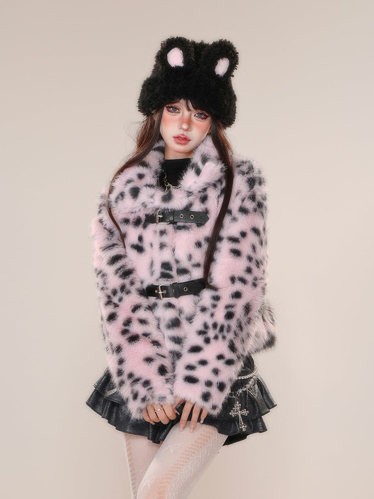 White Pink Leopard Buckle Straps Thick Coat