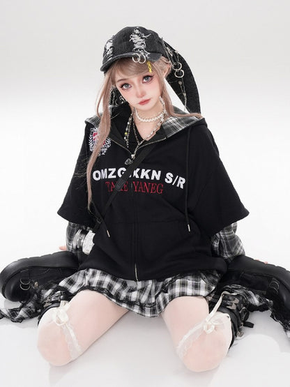 Plaid Patchwork Hoodie Schwarz Ärmel Weiß