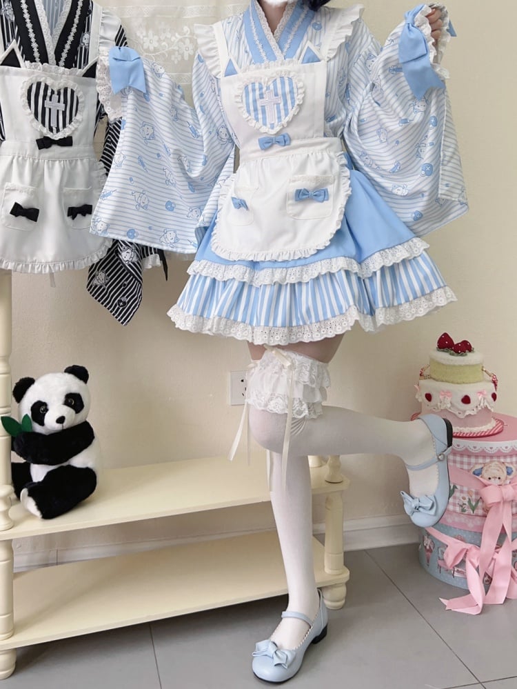 Blue Striped Little Ghost Print Top + Tiered Skirt + Apron Wa Lolita Set